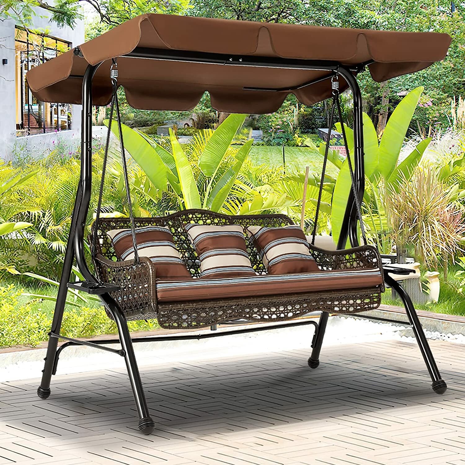 AECOJOY 3-Person Outdoor Wicker Hanging Porch Swing with Cushions for Backyard gallery