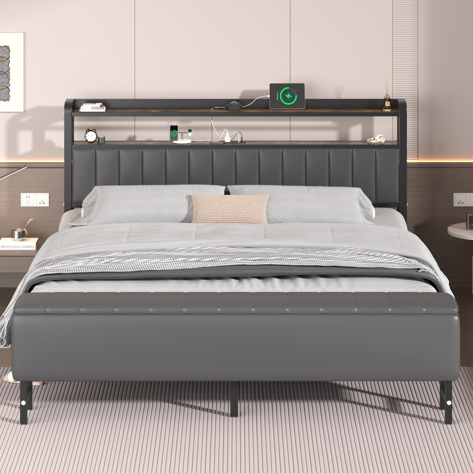 Full Size Bed Frame Upholstered with Starry Sky Light and Charging Station gallery