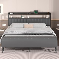 Full Size Bed Frame Upholstered with Starry Sky Light and Charging Station