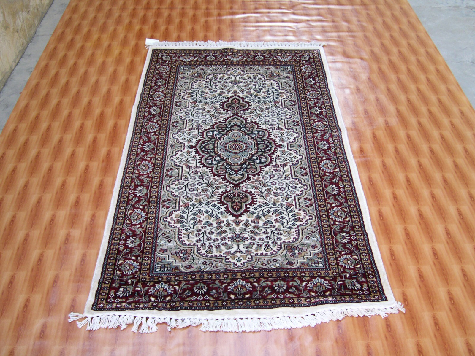 Decor Geometric Beige Color Hand Knotted Traditional 3x5 Silk Rug Turkish gallery