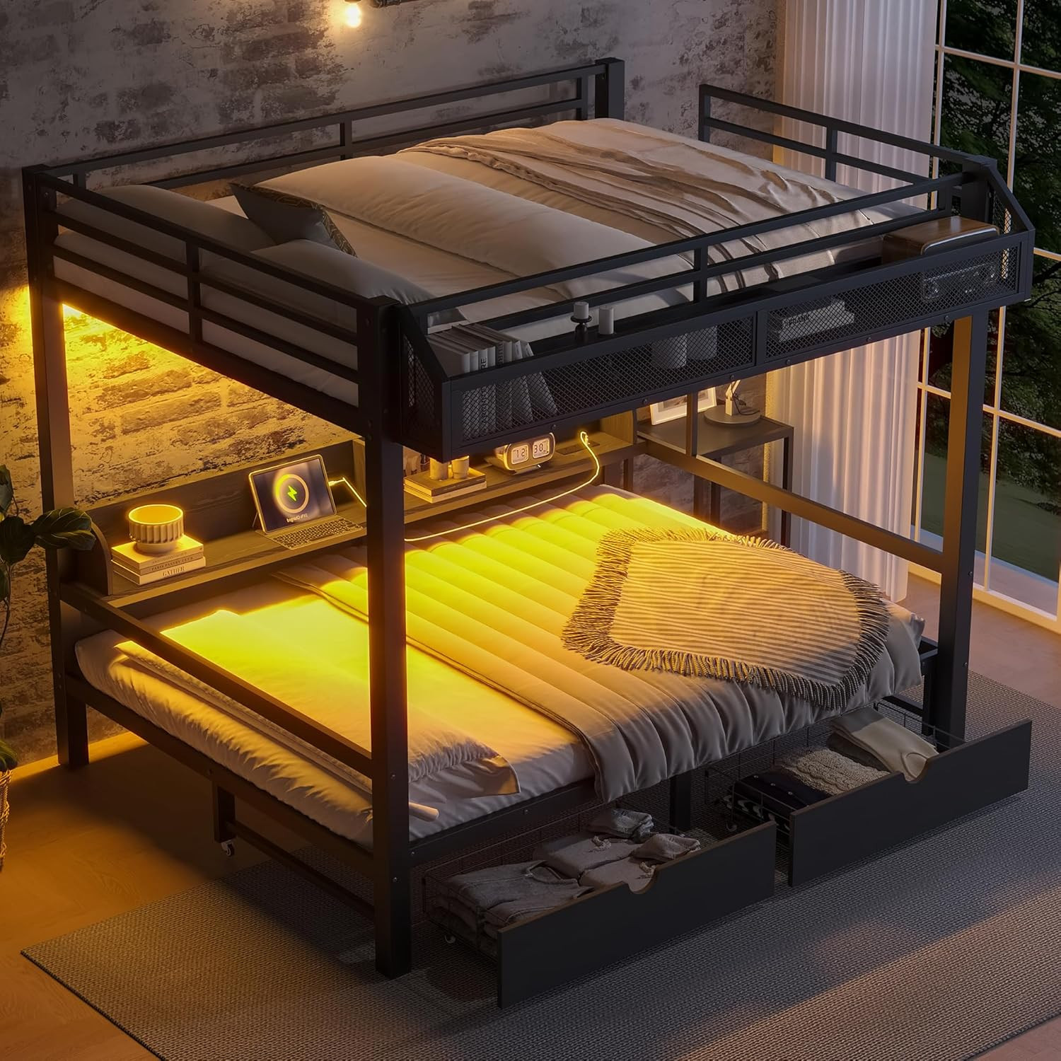 Queen Metal Bunk Bed with Storage, USB Ports, LED & Convertible Sofa gallery