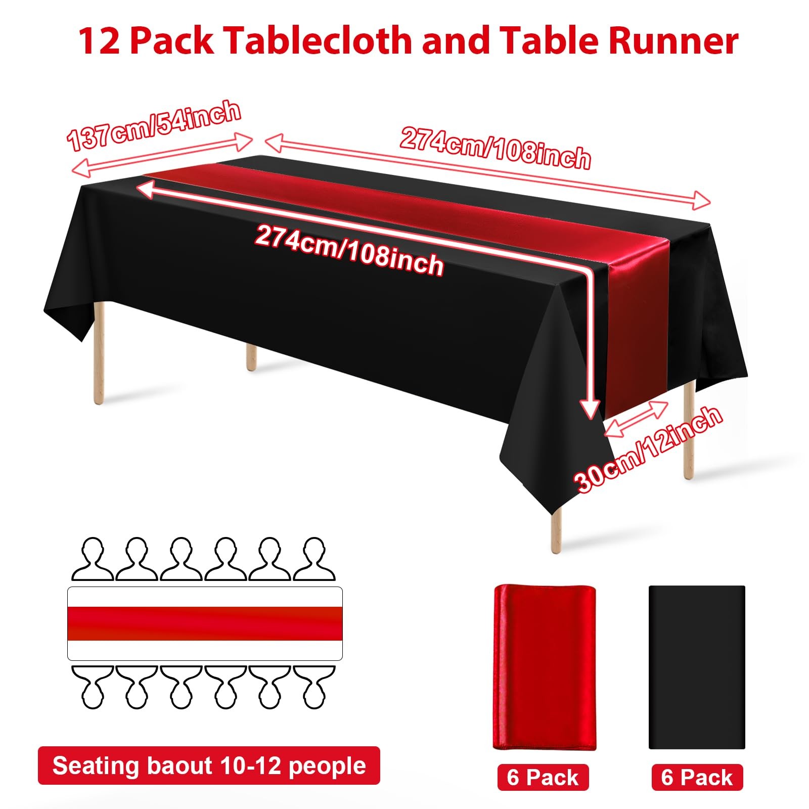 New 12Pack 12x108 Inch Satin Table Runner and 54x108Inch Plastic Tablecloths Set gallery