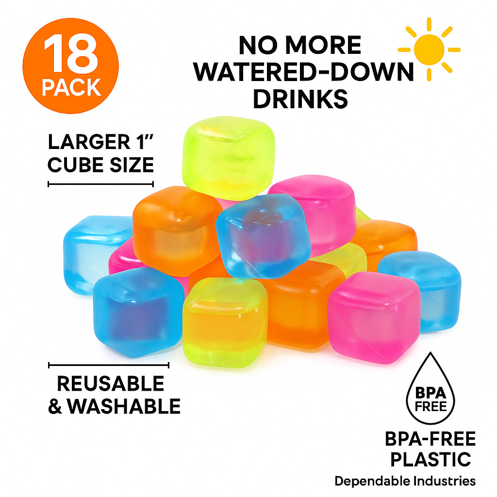 18-Pack Reusable Ice Cubes – 1" Square BPA-Free Multicolor Chilling Cubes gallery