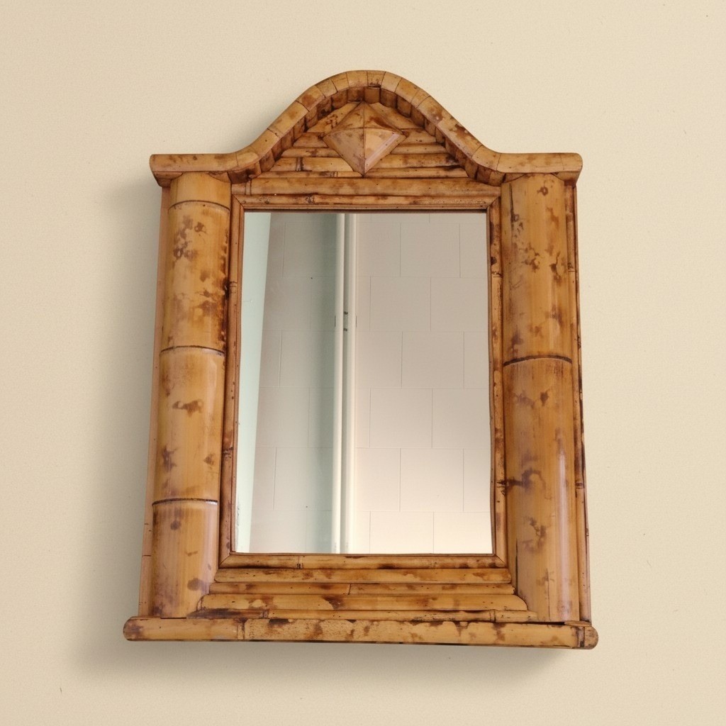 Burnt Split Bamboo Wall Mirror Pediment Top Boho 32x25 Tiki 60s Unique Large gallery