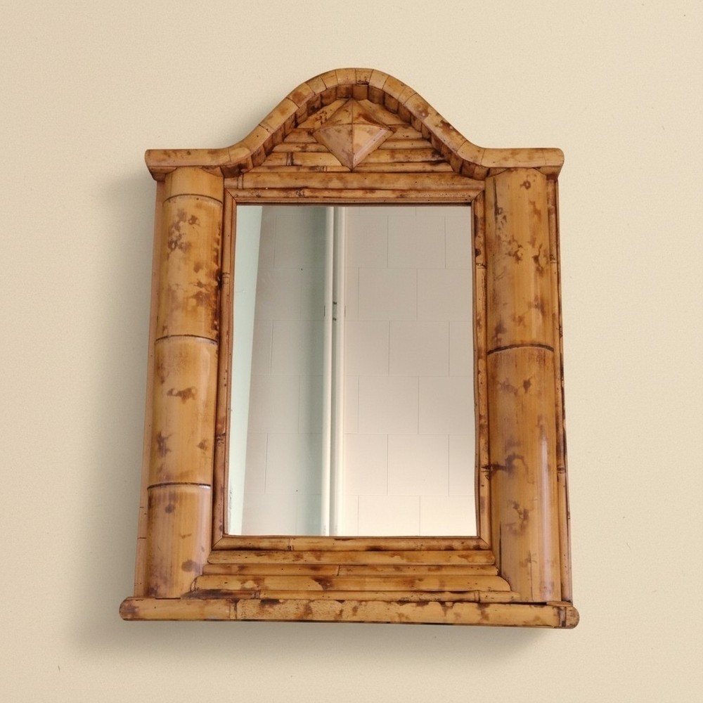 Burnt Split Bamboo Wall Mirror Pediment Top Boho 32x25 Tiki 60s Unique Large