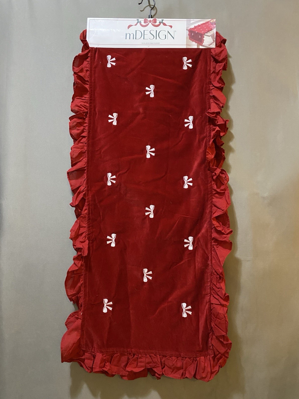 NWT mDesign Table Runner SZ 16" x 80" Embroidered Bows Ruffle Trim Red Corduroy gallery