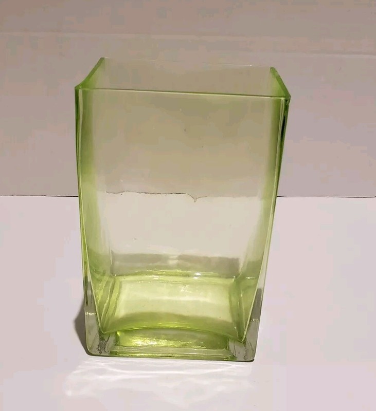 Tall Transparent Green Vase Rectangle Shape Container Art Glass Lime Decor 6.25" gallery