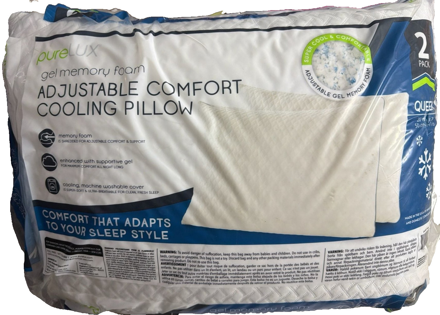 pureLUX Gel Memory Foam Adjustable Comfort Cooling Queen Pillow (2-Pack) gallery