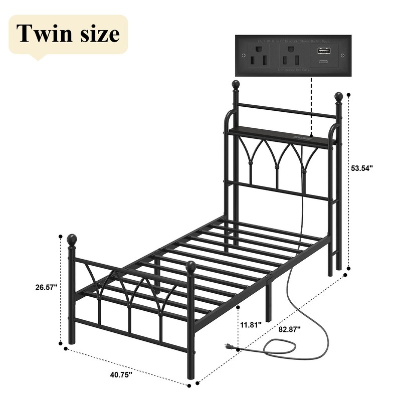 Queen Metal Bed Frame with Charging Station, Headboard storage space,LED Lights. gallery