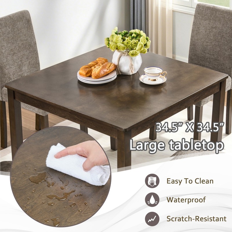 5-Piece Rustic Dining Table Set Square Wood with 4 Chenille Upholstered Chairs gallery