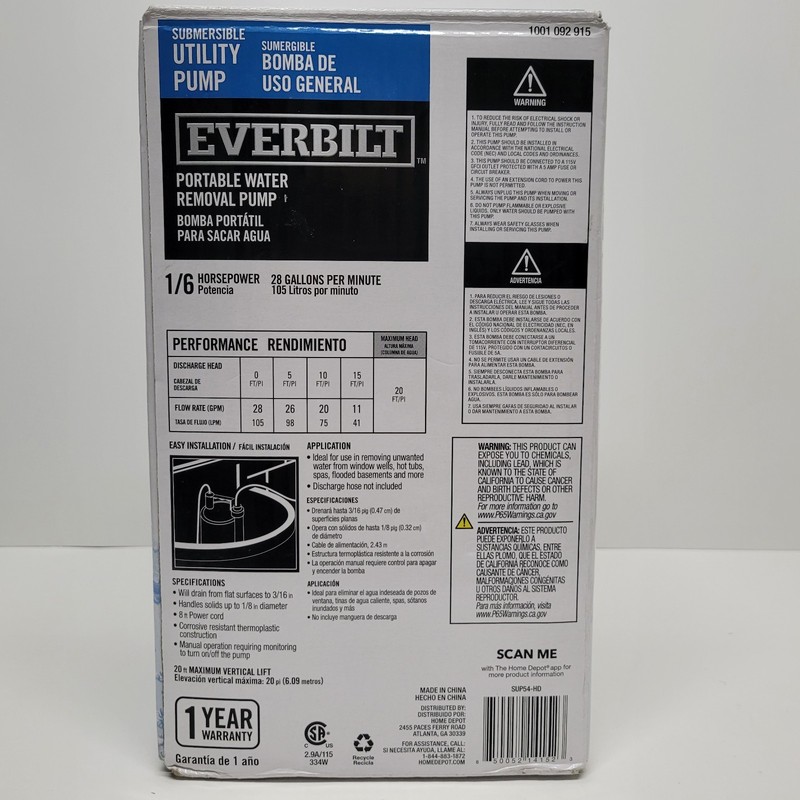 Everbilt Submersible Utility Pump Plastic SUP54-HD - Open Box - Tested gallery
