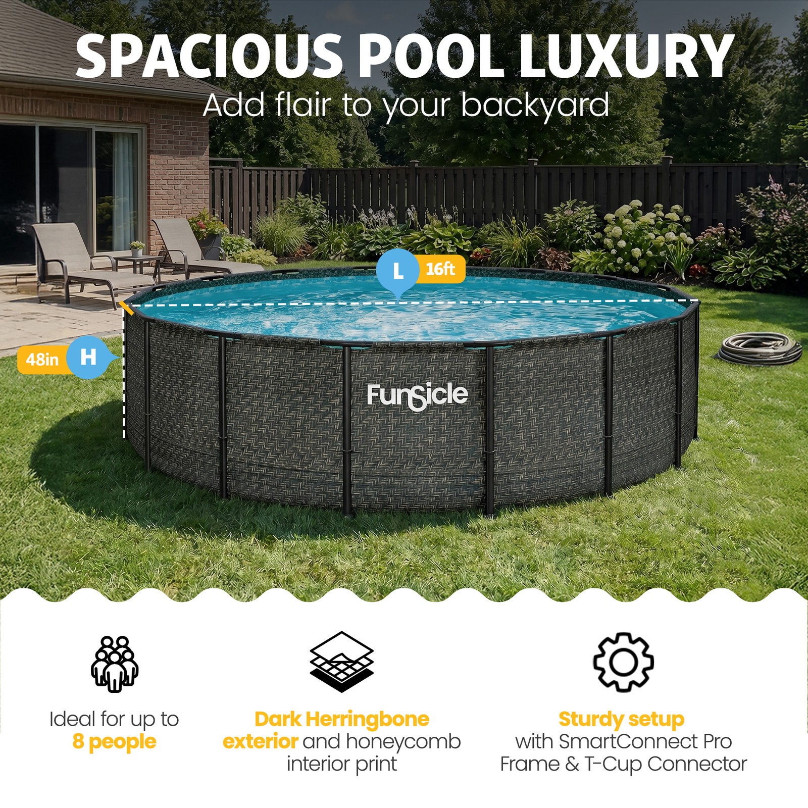 Funsicle 16' x 48" Oasis Designer Round Above Ground Pool, Dark Herringbone gallery