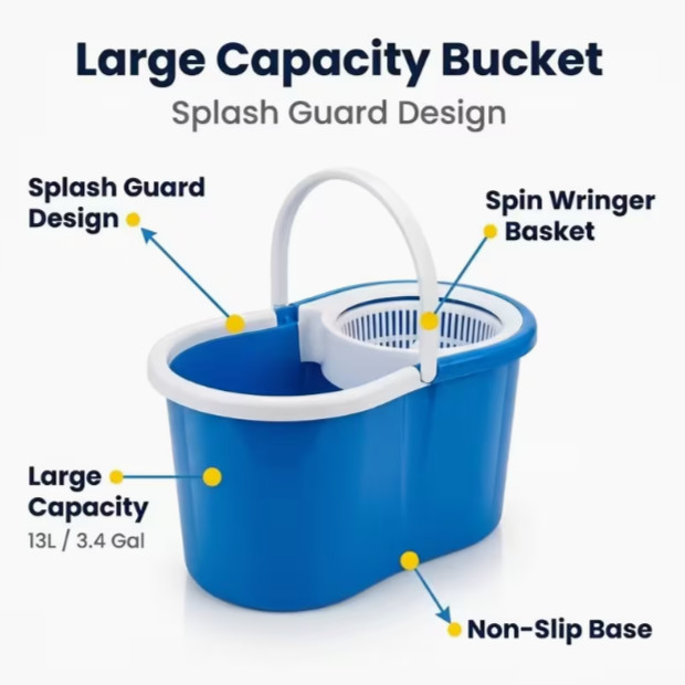 360 Spin Mop Bucket System 4 Microfiber Heads Floor Cleaning Stainless Steel Han gallery