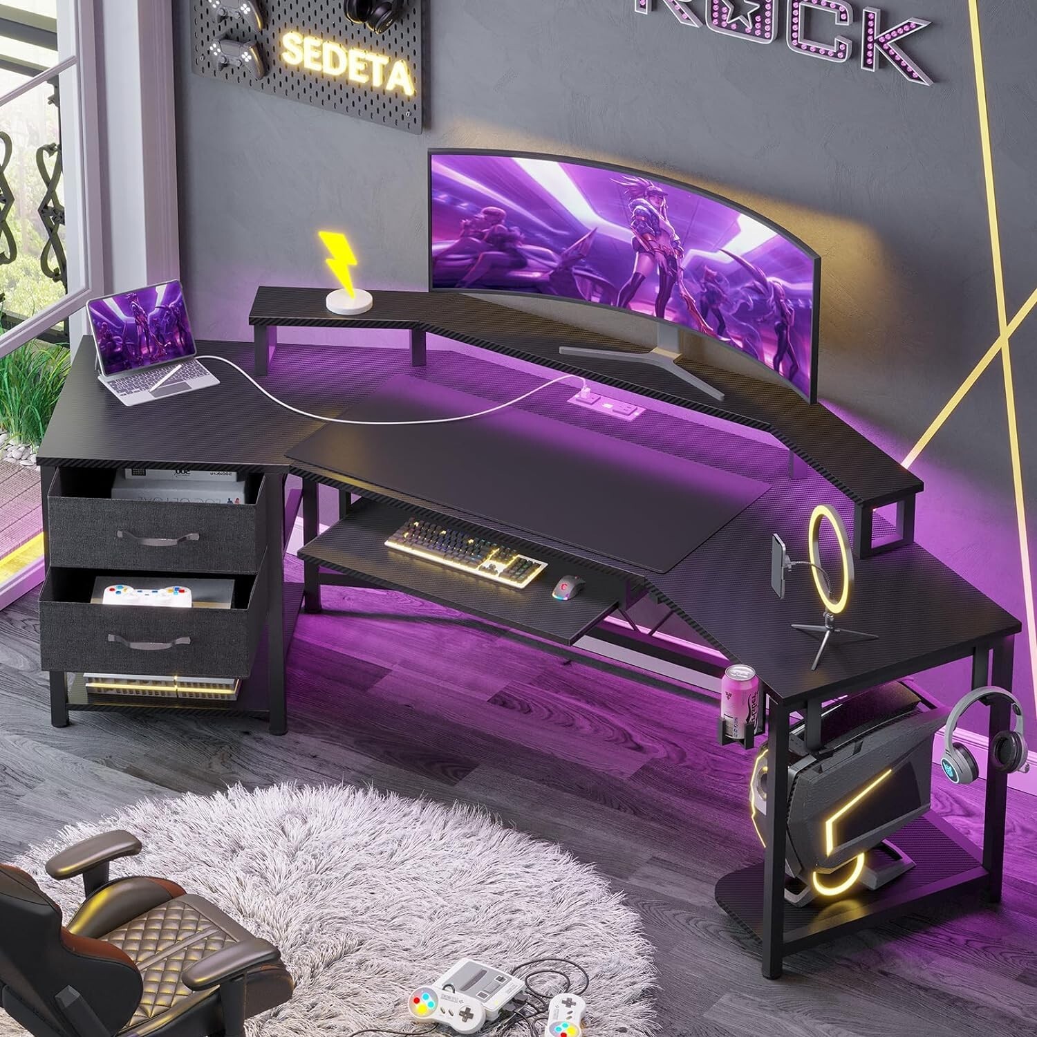 L Shaped Gaming Desk with Storage Shelf &LED Light Computer Desk for Home Office gallery