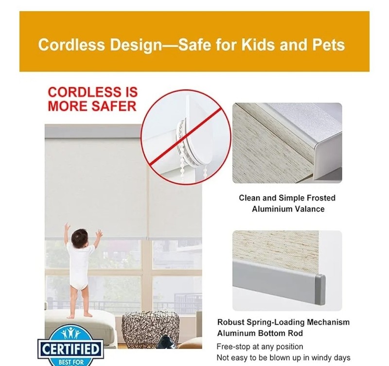 Freestop Cordless Roller Shades For Windows, Cream, 24"w X 72"h Natural Woven gallery