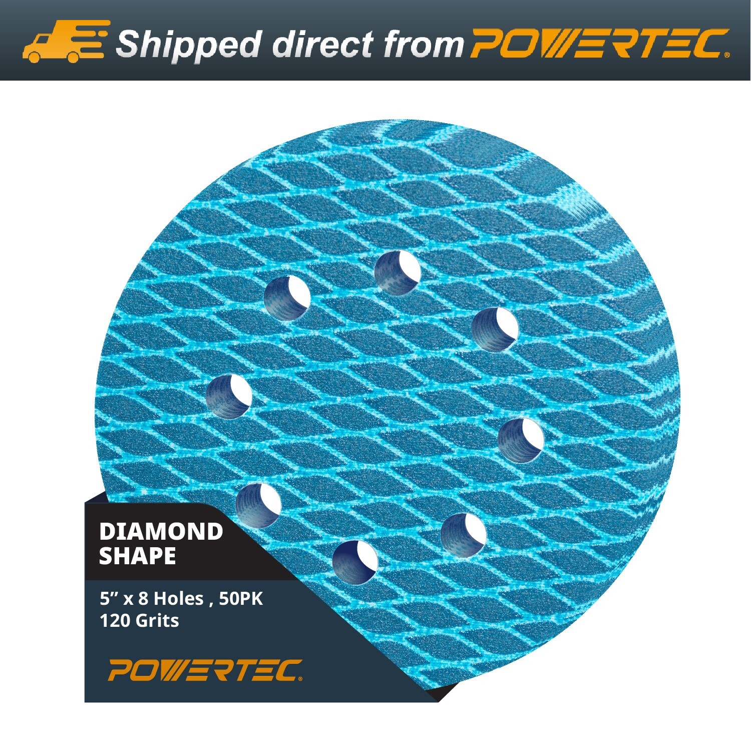 POWERTEC 5 Inch 8-Hole Hook and Loop Diamond Shaped Sanding Disc, 50PK, 120 Grit gallery