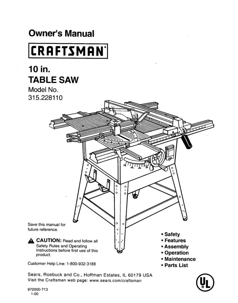 Craftsman 315.228110 Table Saw Owners Instruction Manual gallery