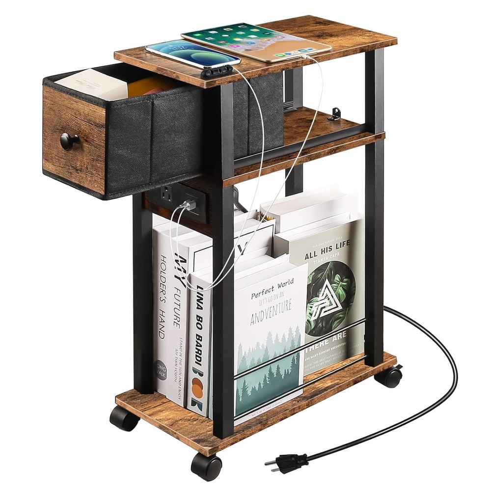 Sofa Side Table Narrow End Table Rustic Brown Black Small Couch Snack Table