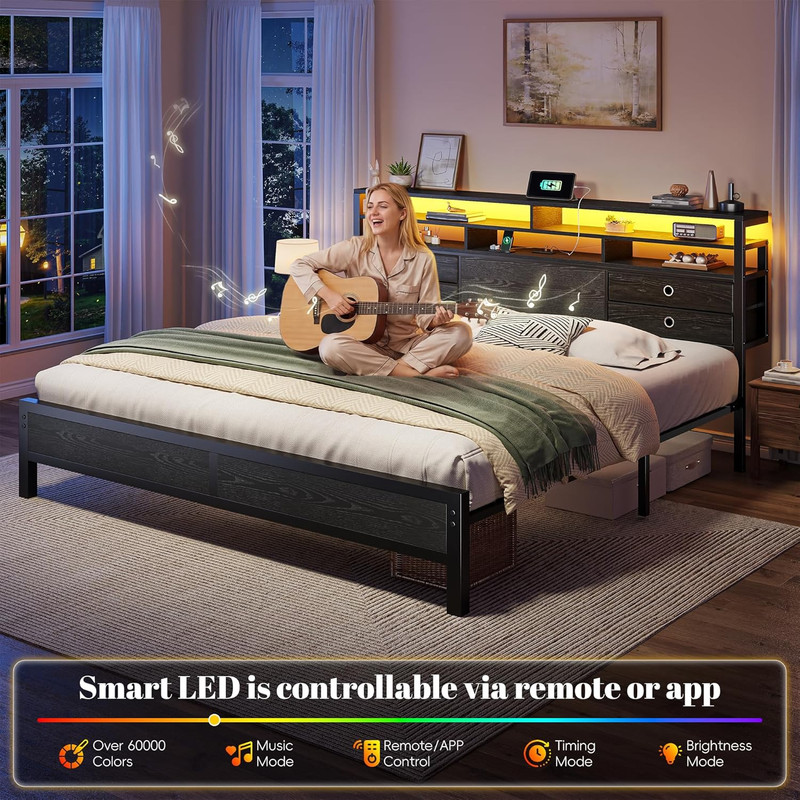 King Bed Frame w/ Storage Headboard LED Lights 4 Drawers Black gallery