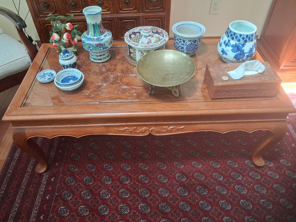 Custom Hand Crafted Solid Rosewood Coffee Table with Glass Top and Carvings