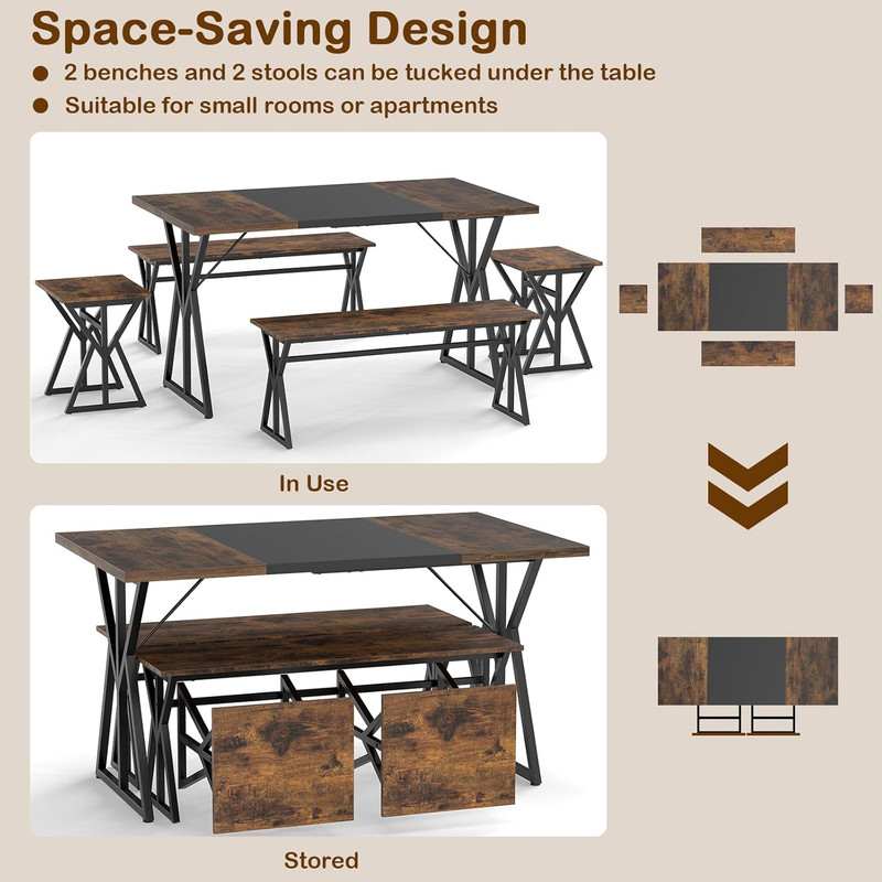 Space-Saving 5-Piece Dining Set for 4-6 with Benches and Stools, 55-Inch Table gallery