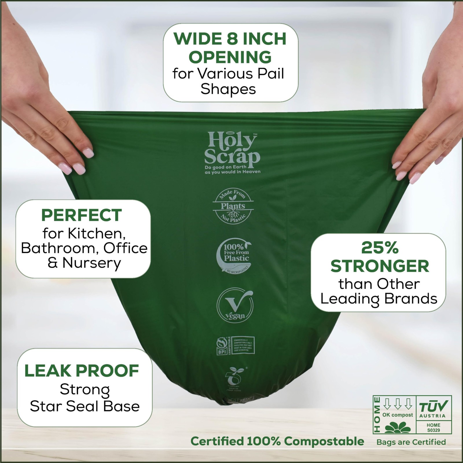 HOLY SCRAP! 2.6 Gal 100 Pack Compostable Trash Bags - 100% Plastic-Free gallery