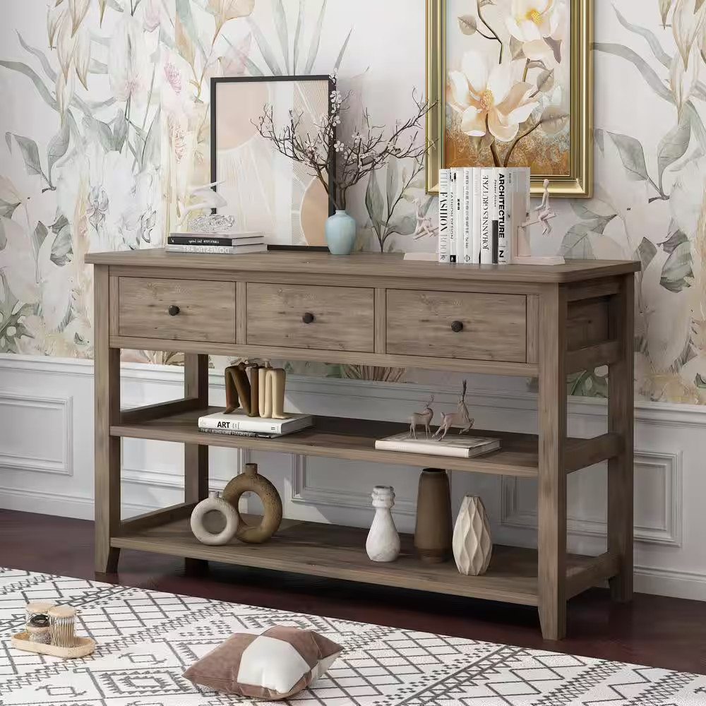 47.25 In. Washed Grey Rectangle MDF Console Table with 3-Drawers and 2-Shelves gallery
