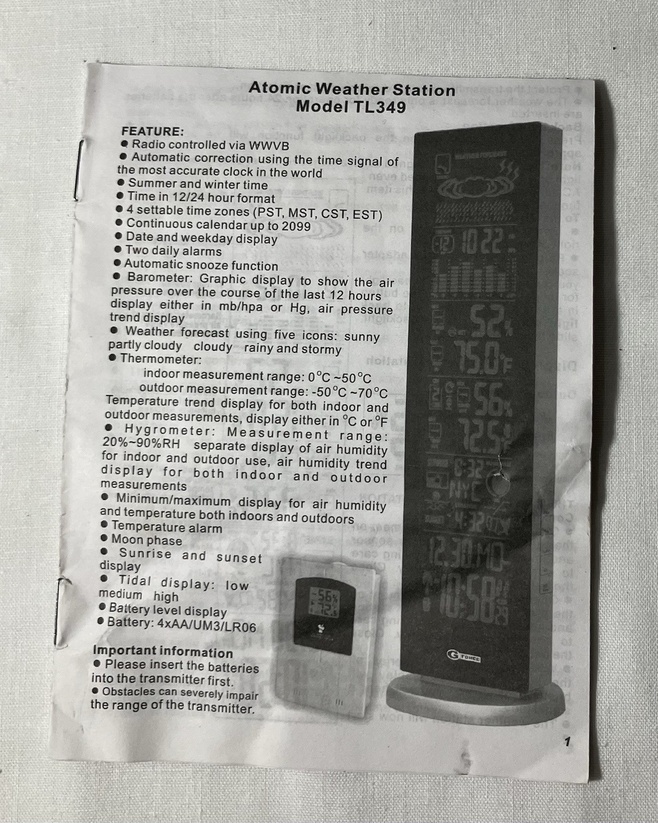 vintage User Manual for Atomic Weather Station Model TL349 gallery
