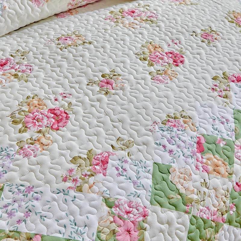 Patchwork Quilt Set Queen Size,3 Pieces Pink Cream Green Floral Plaid Reversi... gallery