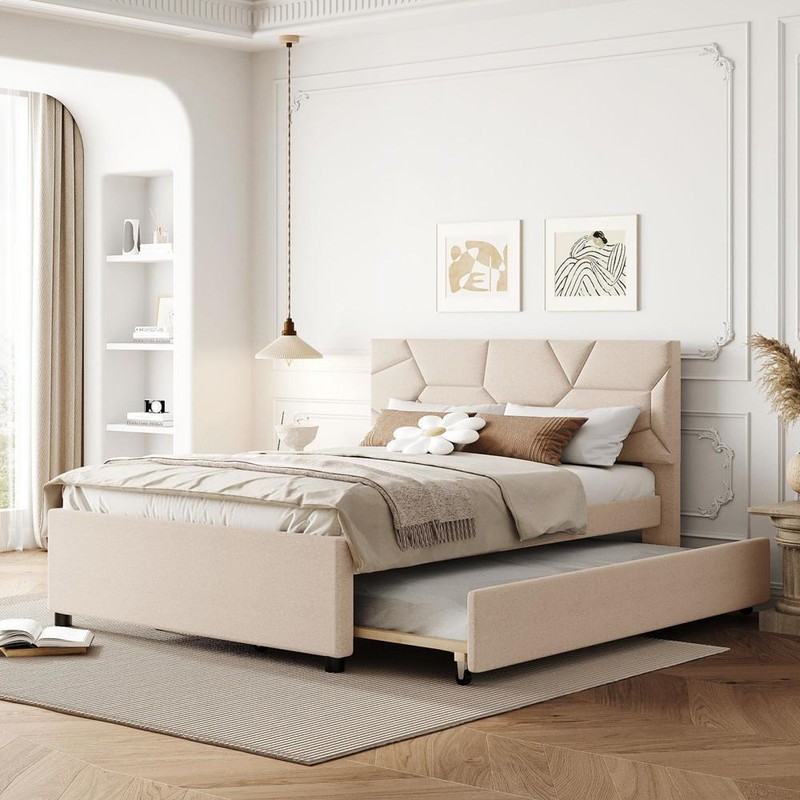 Full Size Upholstered Platform Bed W/Twin Size Trundle Beige Gray gallery