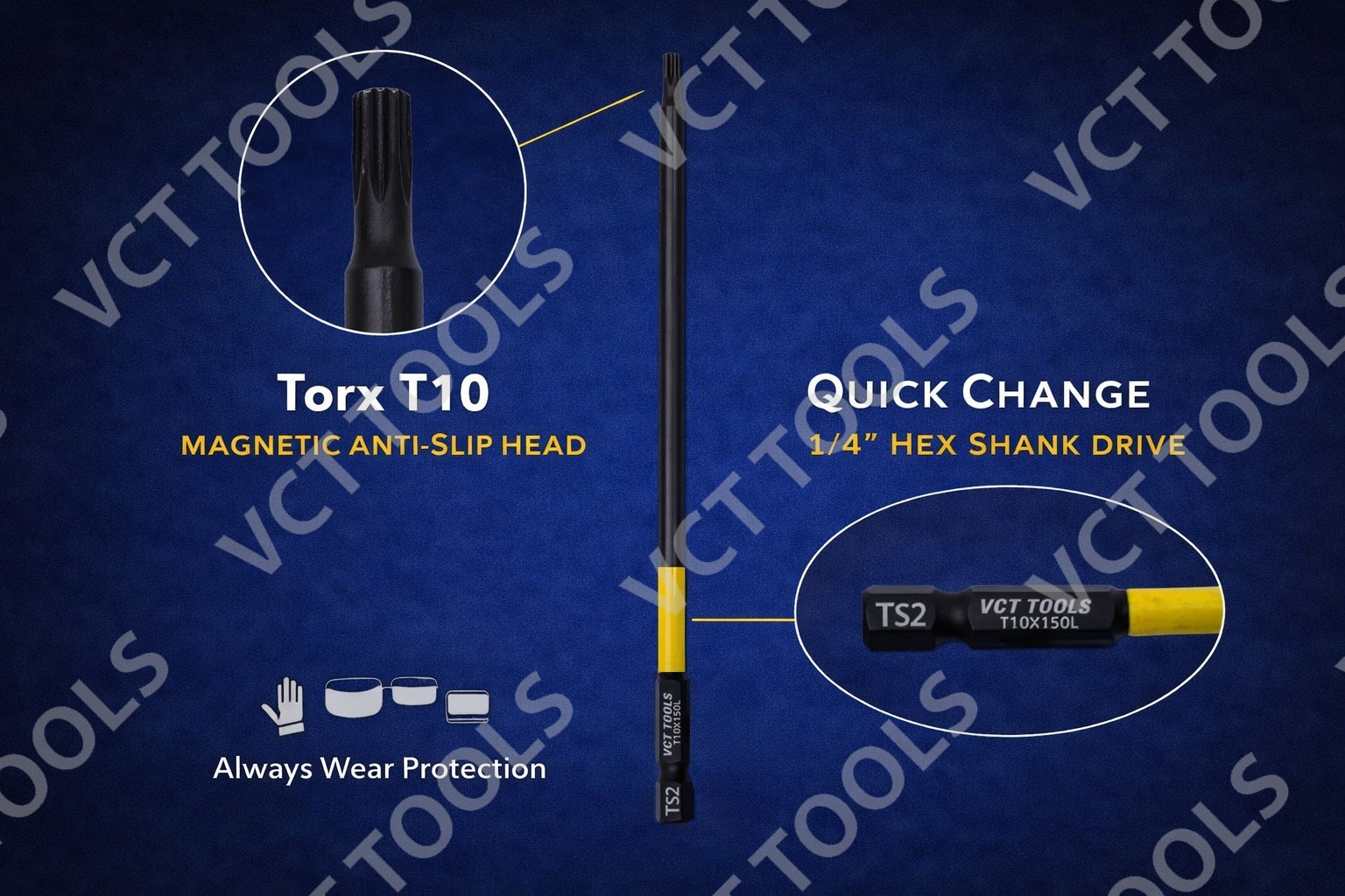 VCT T10 Torx Magnetic Anti‑Slip Screwdriver Bits 10‑Pack 6" S2 Steel gallery