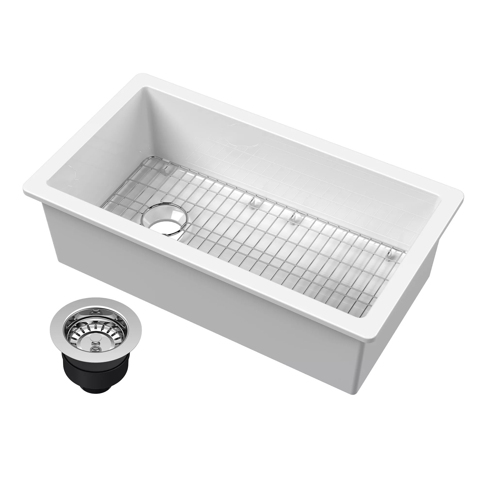 Nuie Undermount Kitchen Sink with Chrome Drainer, Wire Grid, Fire Clay 34x19x10" gallery