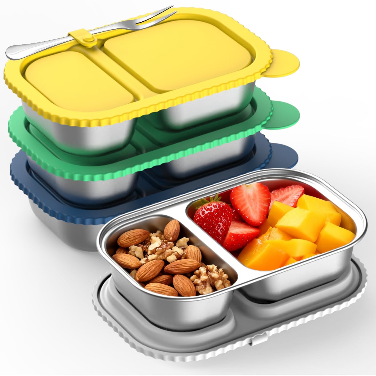 Solldgt Stainless Steel Snack Containers 4 Pack 2 Compartment(Silicone lid) gallery