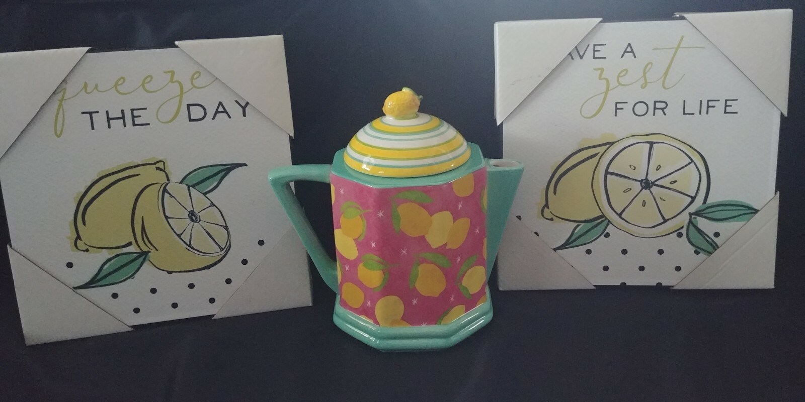 THE LEMON COLLECTION - 2 pc 9 X 9 LEMON PICTURES & 8 INCH TEA POT BRAND NEW! gallery