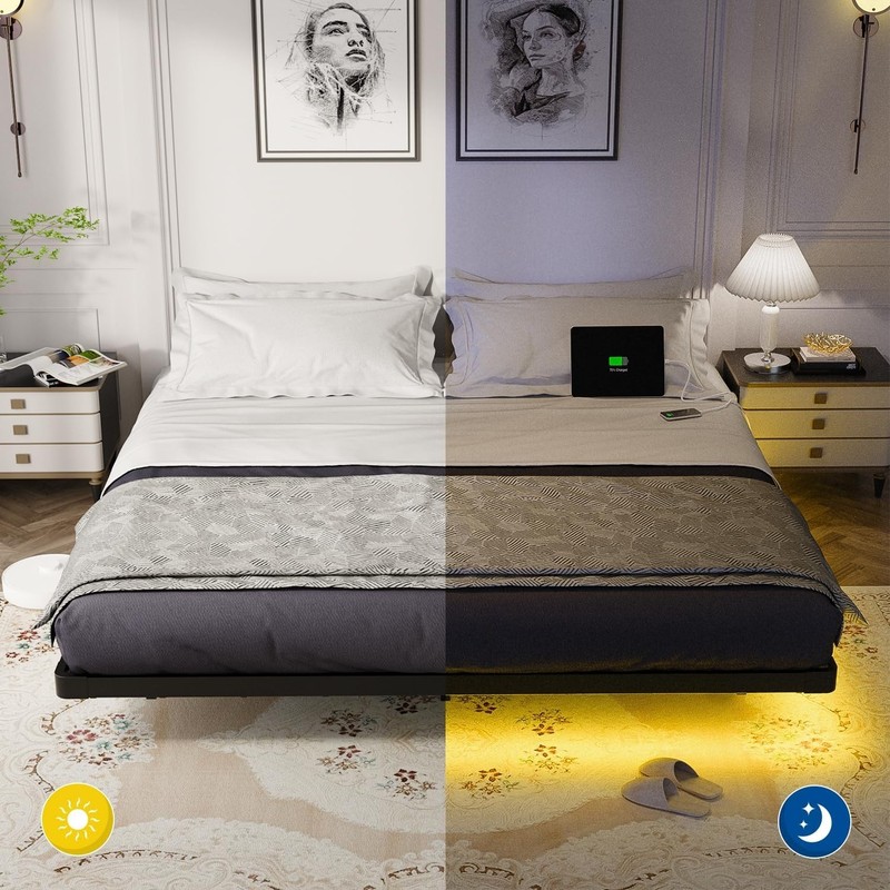 Size Floating Bed Frame, Metal Platform, with LED Light and Charging Station, No gallery