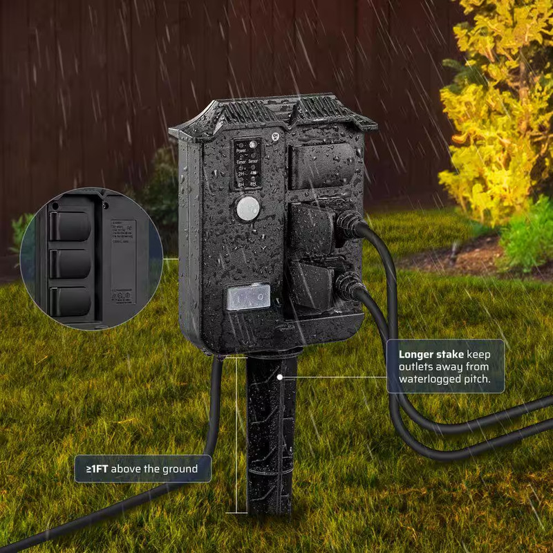 Outdoor Power Stake Light Timer with 6 Grounded Outlets, 13A 1625W, 6 Ft. Extens gallery
