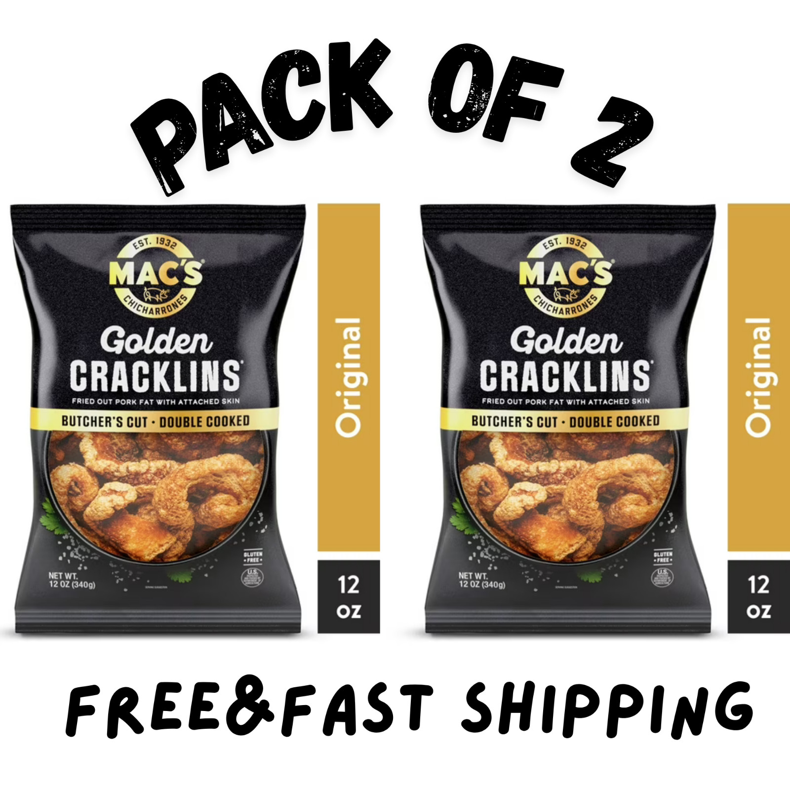 Mac's Chicharrones Golden Cracklin Curls, Fried Pork Fat with Skin, 12 oz, 2Pack gallery