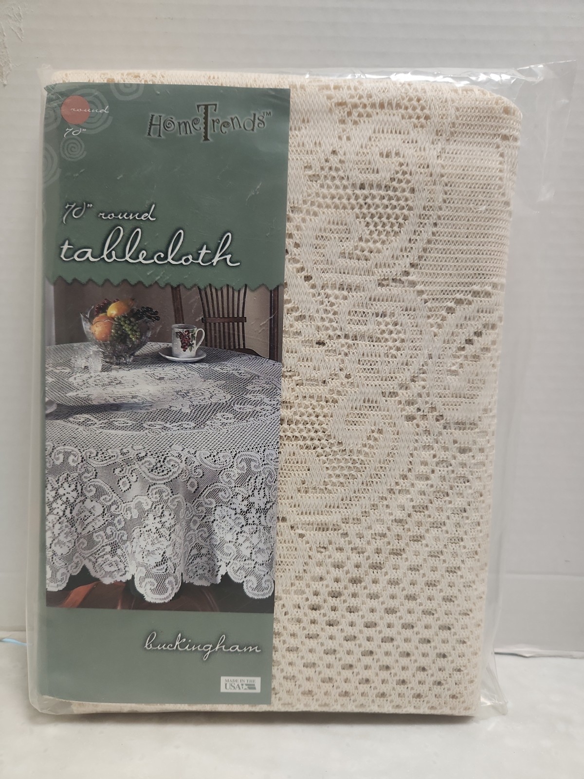 Home Trends BUCKINGHAM 70" Round Natural (Beige) Lace Tablecloth Made In USA New gallery