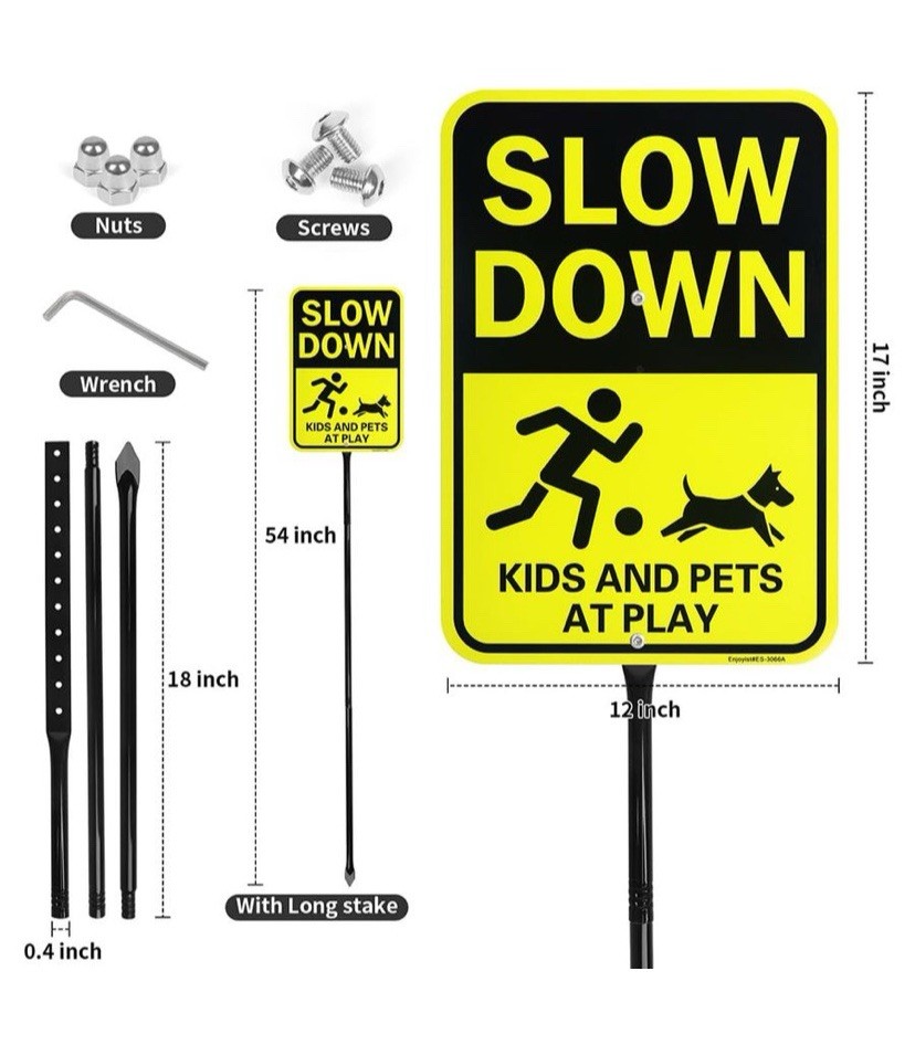 Large Slow Down Kids & Pets at Play Sign with 54 Metal Stake, 17x 12 Reflective gallery