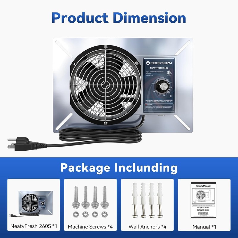 Abestorm 260CFM Crawl Space Ventilation Fan IP-55 Rated Vent Fan with Humidistat gallery