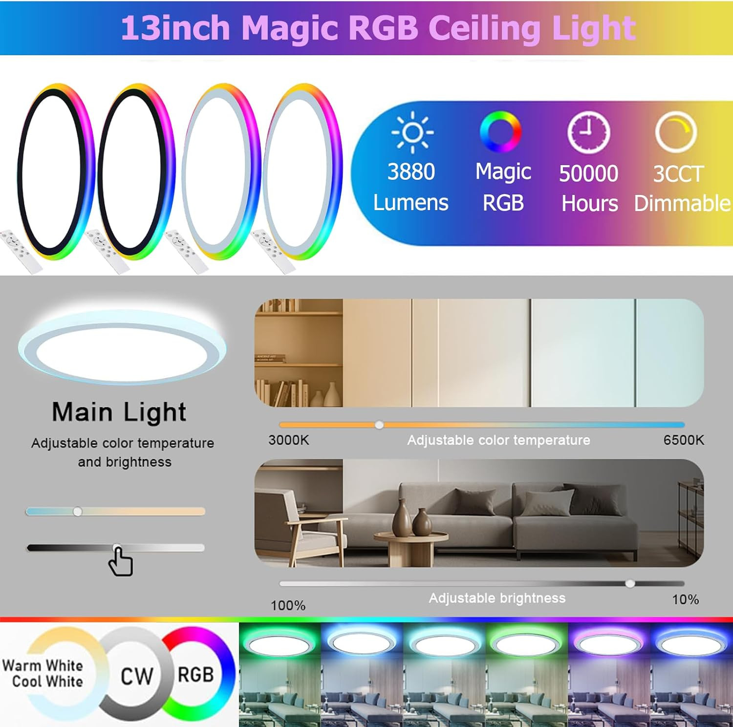 2Pack 13" RGB Dimmable LED Ceiling Light with Remote - 34W, 3400LM, Color Change gallery