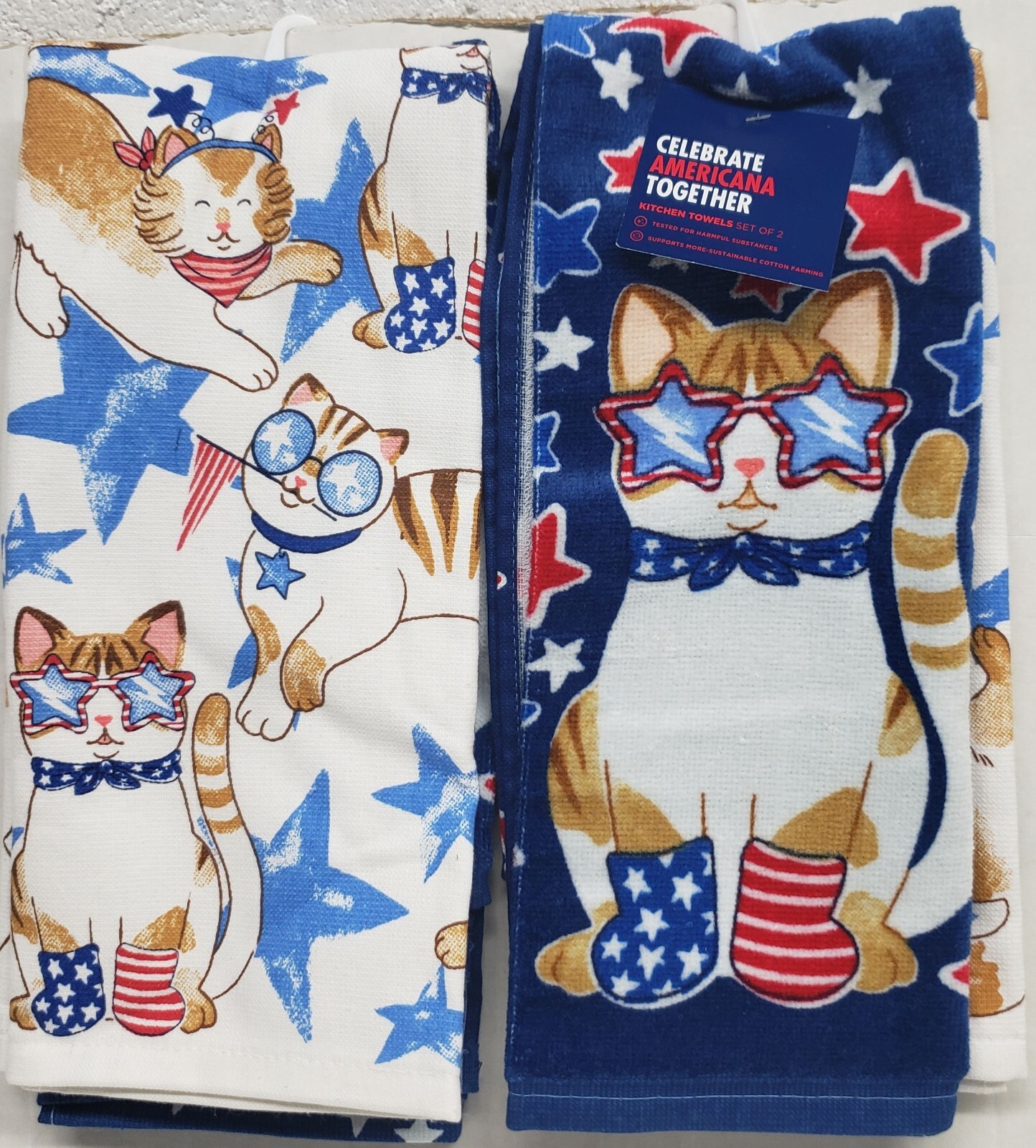 2 DIFFERENT PRINTED TERRY TOWELS (16.5"x26") PATRIOTIC USA CATS & STARS, KO gallery