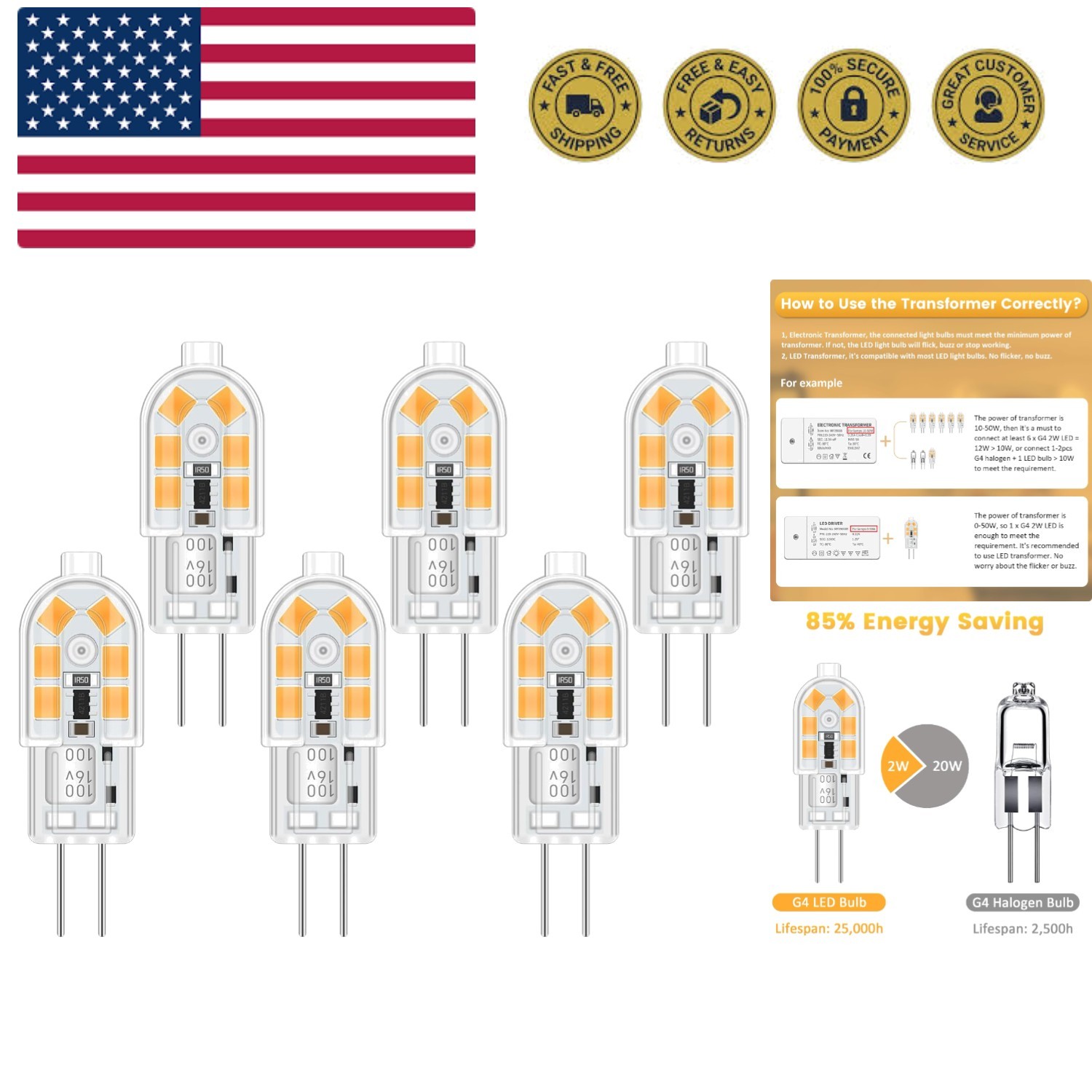 6-Pack G4 LED Light Bulb 12V 2W Equivalent 20W 3000K Warm White Light 200 LM ... gallery