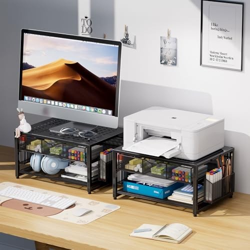 Metal Printer Stand for Desk with Storage Drawer and 2 Pen Holders, 2 Black gallery