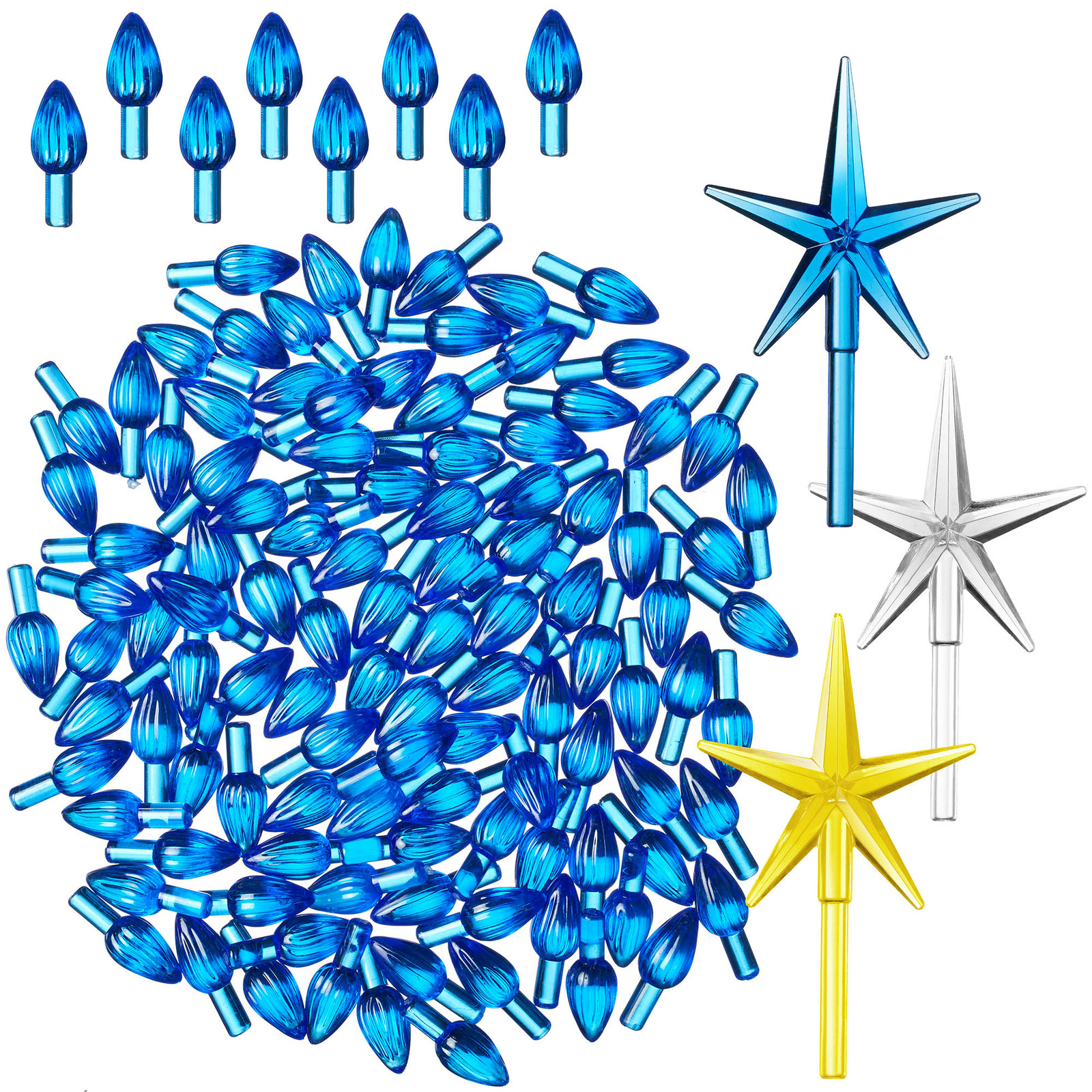 108 Replacement Blue Ceramic Christmas Tree Twist Light Bulbs, 3 Star Toppers gallery