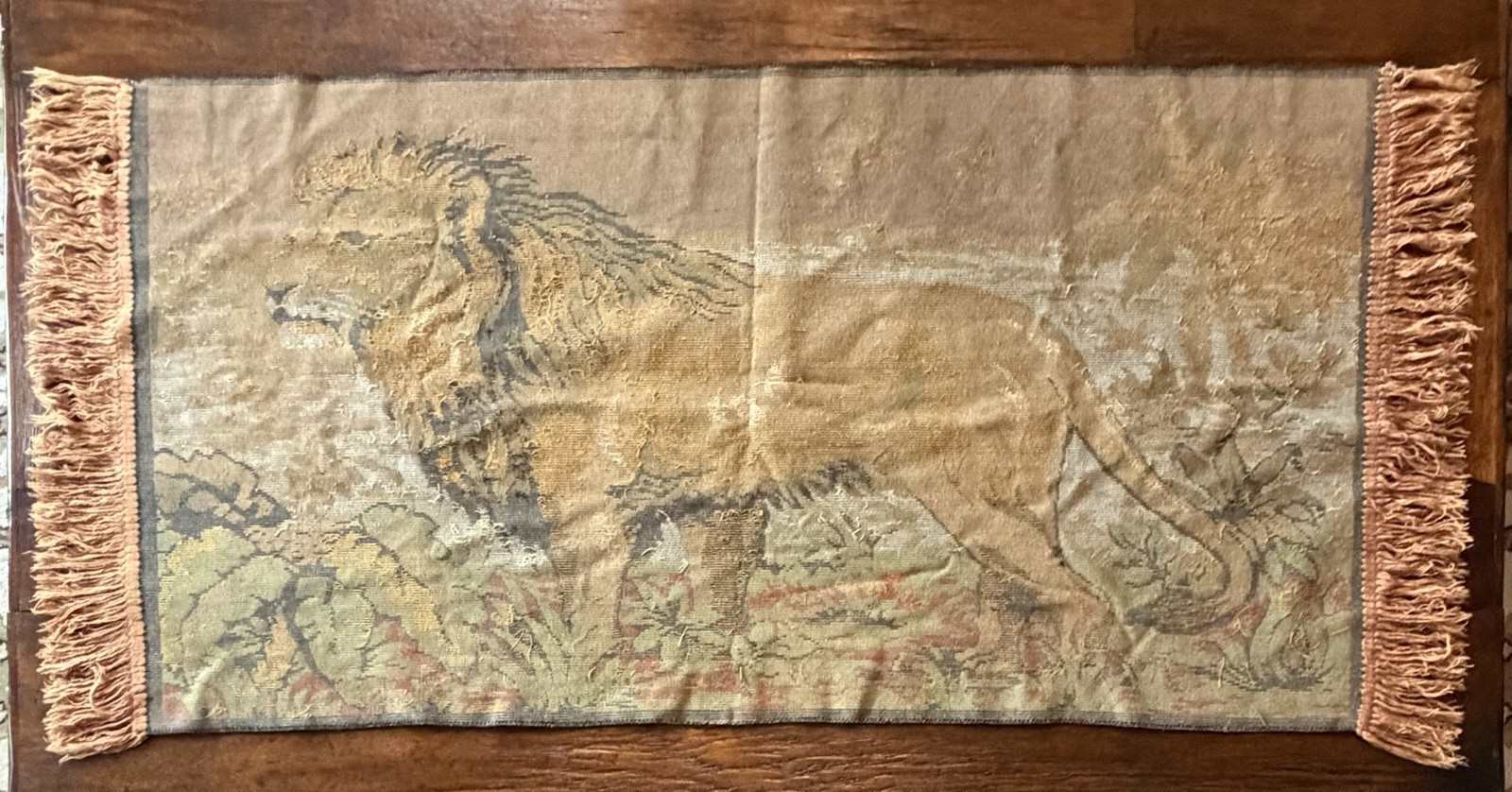 Vintage Tapestry Wall Hanging Lion In A Jungle Fringe 39” x 21” Decorative gallery
