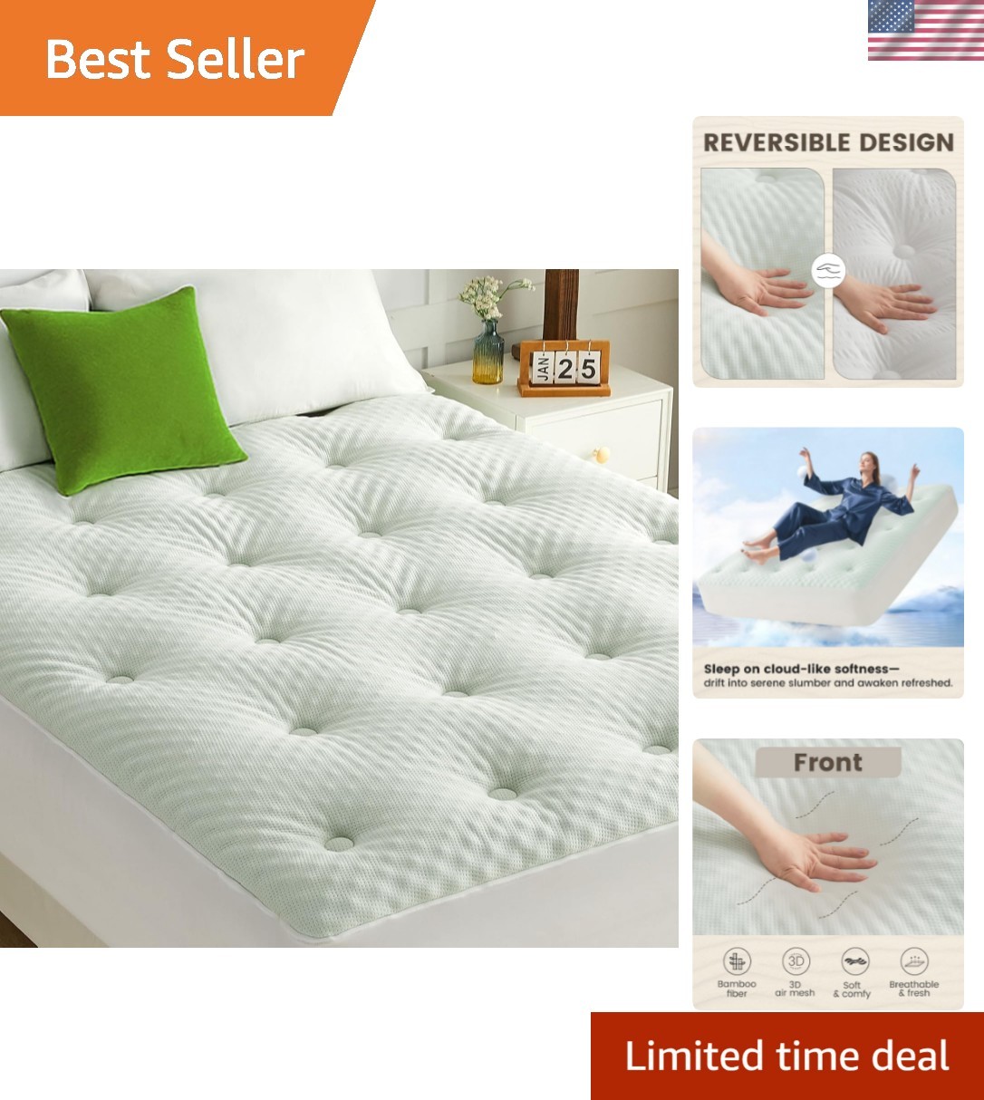 Reversible Queen Mattress Topper Egg Crate Memory Foam Mattress Topper, Bambo... gallery