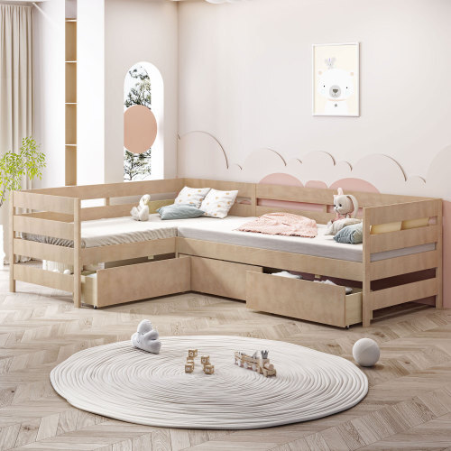 L-shaped Platform Bed Frames with Storage Drawers Solid Wood Twin Bed Corner Bed gallery