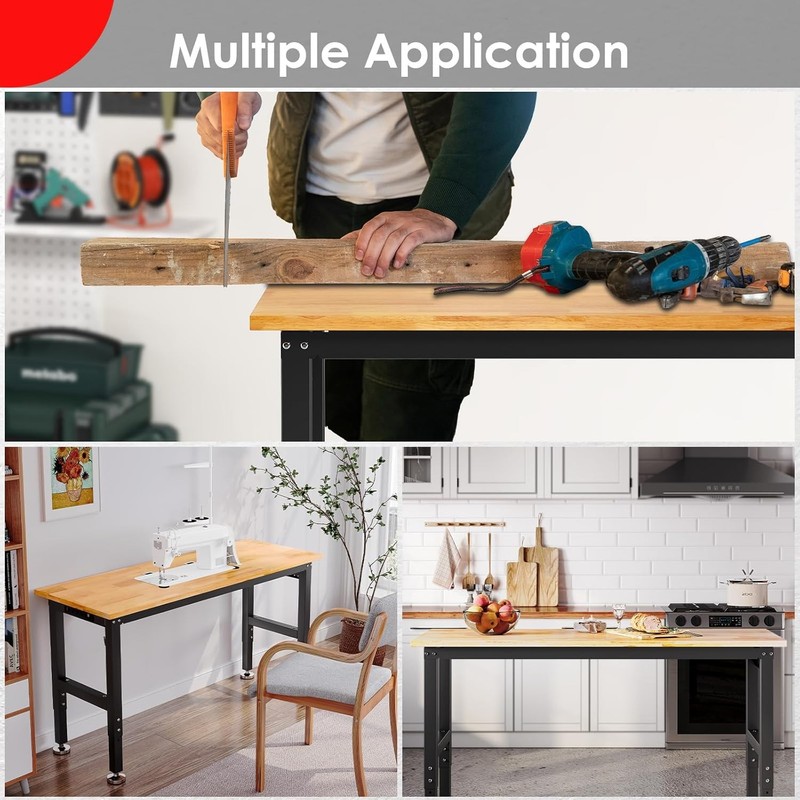 48" Adjustable Work Bench with Power Outlet,Rubber Wood Top Work Table,2000 LBS gallery