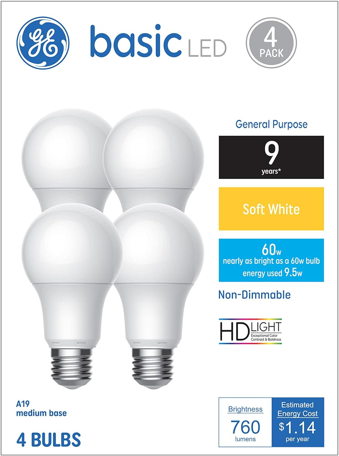 GE Basic Light Bulbs, 60 Watt, Soft White, A19 (4 Pack) gallery